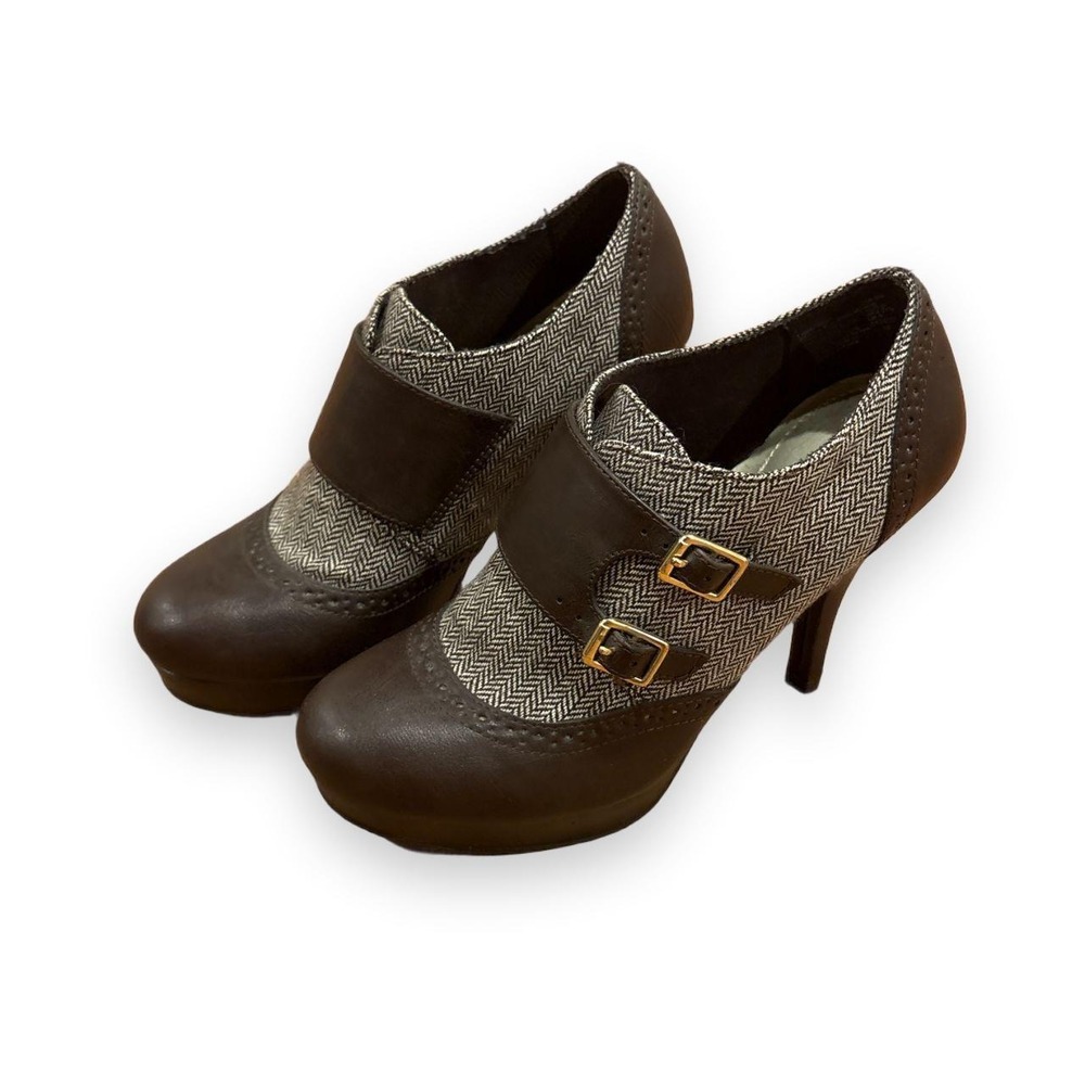 Dexflex Comfort Brown Herringbone Monk Strap Platform Heel Booties Ankle Boots